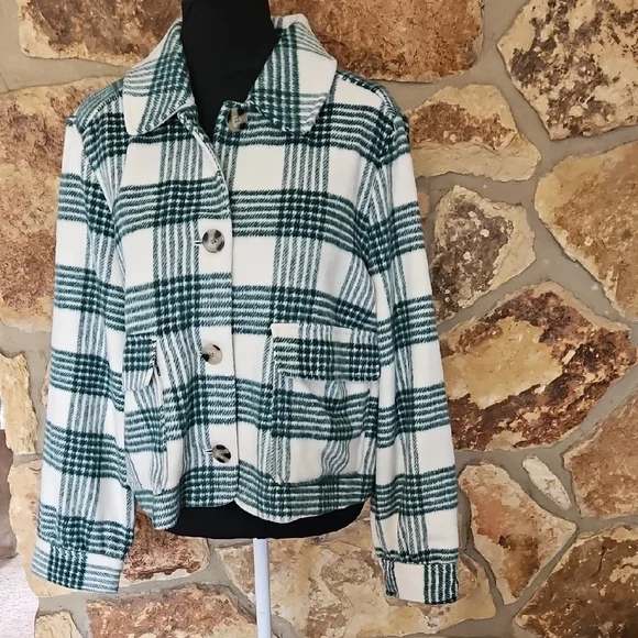 LC Lauren Conrad Green and White Utility Jacket with Plaid Pattern - Picture 2 of 8